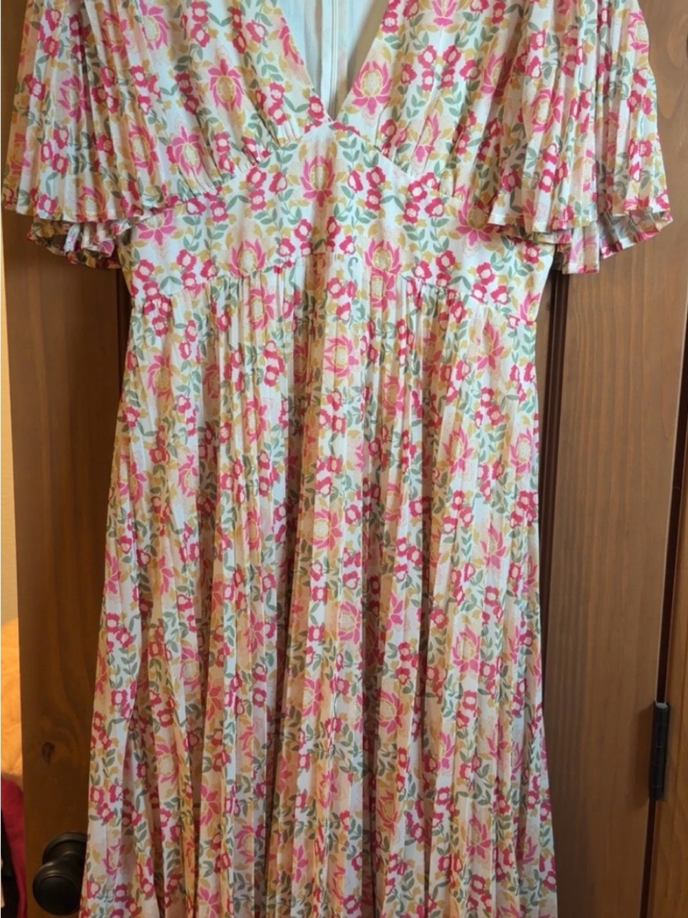 Flying Tomato Pink, Cream & Green Floral V-Neck Pleated Dress